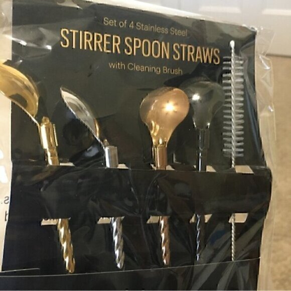 Set of 4 stainless steel stirrer spoon straws with cleaning brush - Picture 2 of 10